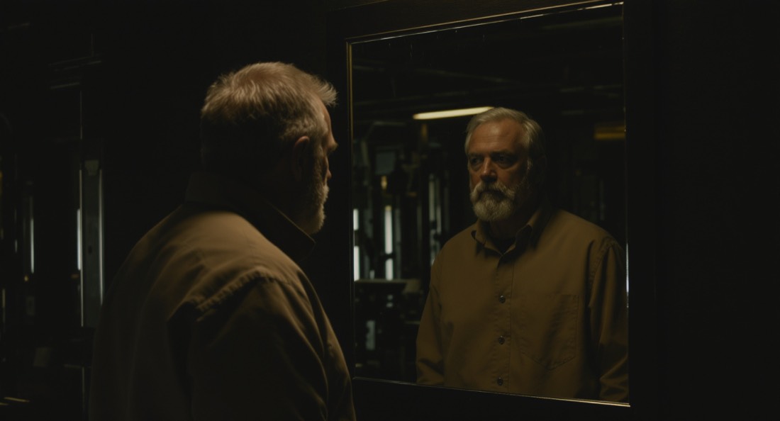 A man in his fifties looking at his reflection in a dim gym mirror