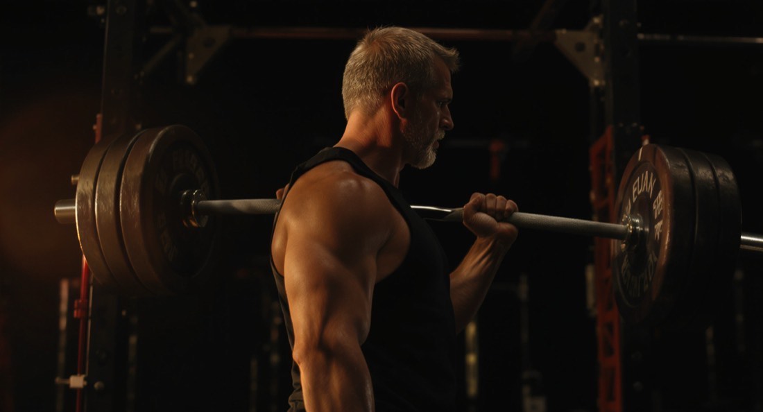 Side view of a man in his fifties bracing at the top of a deadlift setup with a neutral spine