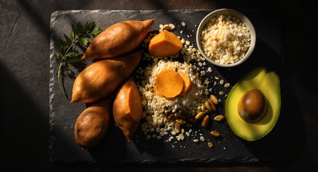 Sweet potatoes, oats, rice, olive oil, avocado and nuts arranged on dark slate