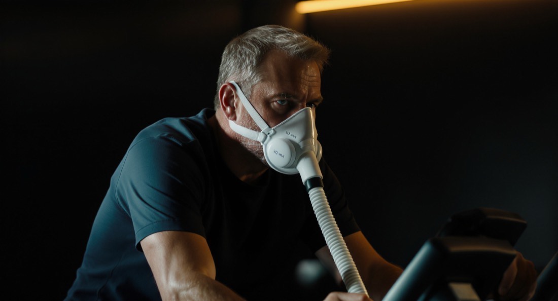 A man in his fifties on a stationary bike wearing a VO2 max testing mask