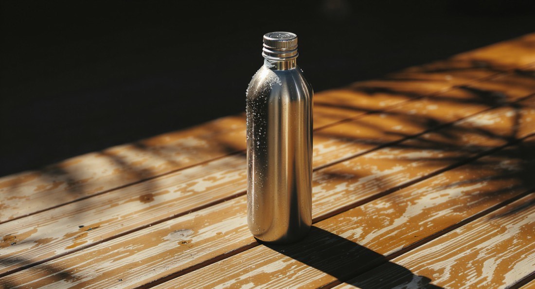 A condensation-covered steel water bottle on hot decking in tropical sun