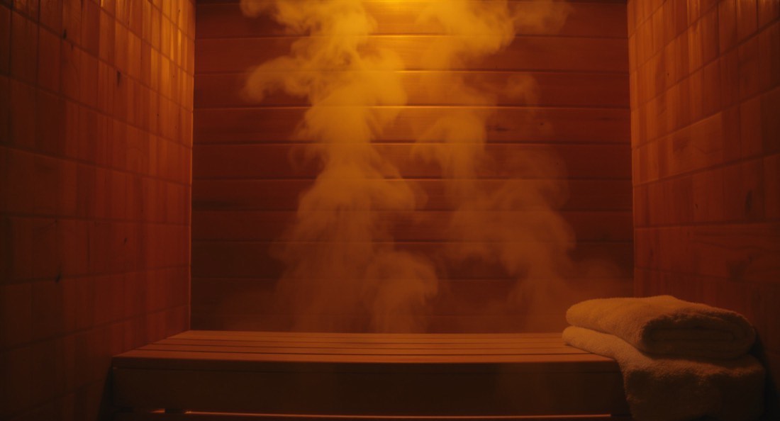 The interior of a cedar sauna with golden light through steam