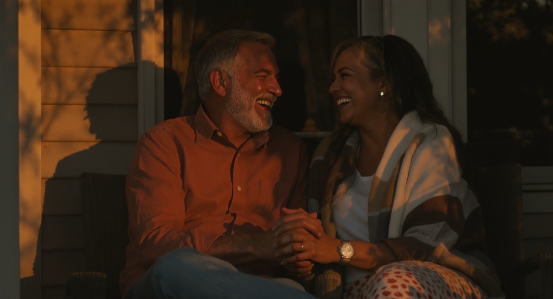 A couple in their fifties laughing together on a porch at golden hour