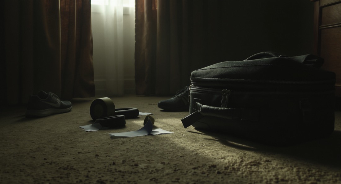 A hotel room floor with a resistance band, running shoes and an open suitcase
